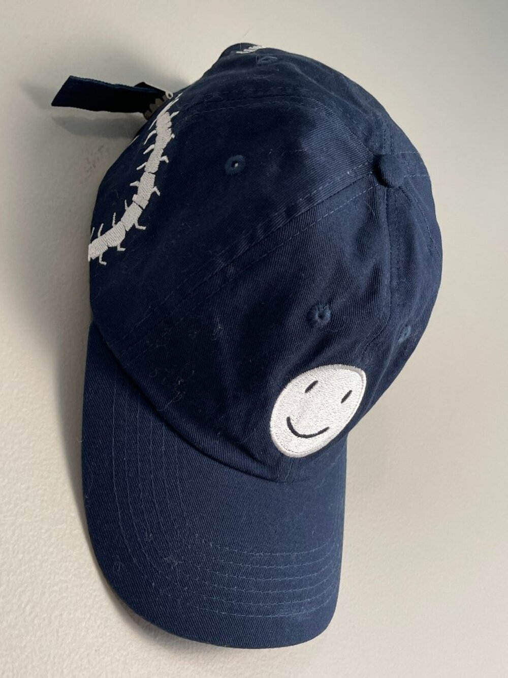SORA Centipede Smiley Embroidered Strapback Hat Navy Blue Dad Cap Streetwear